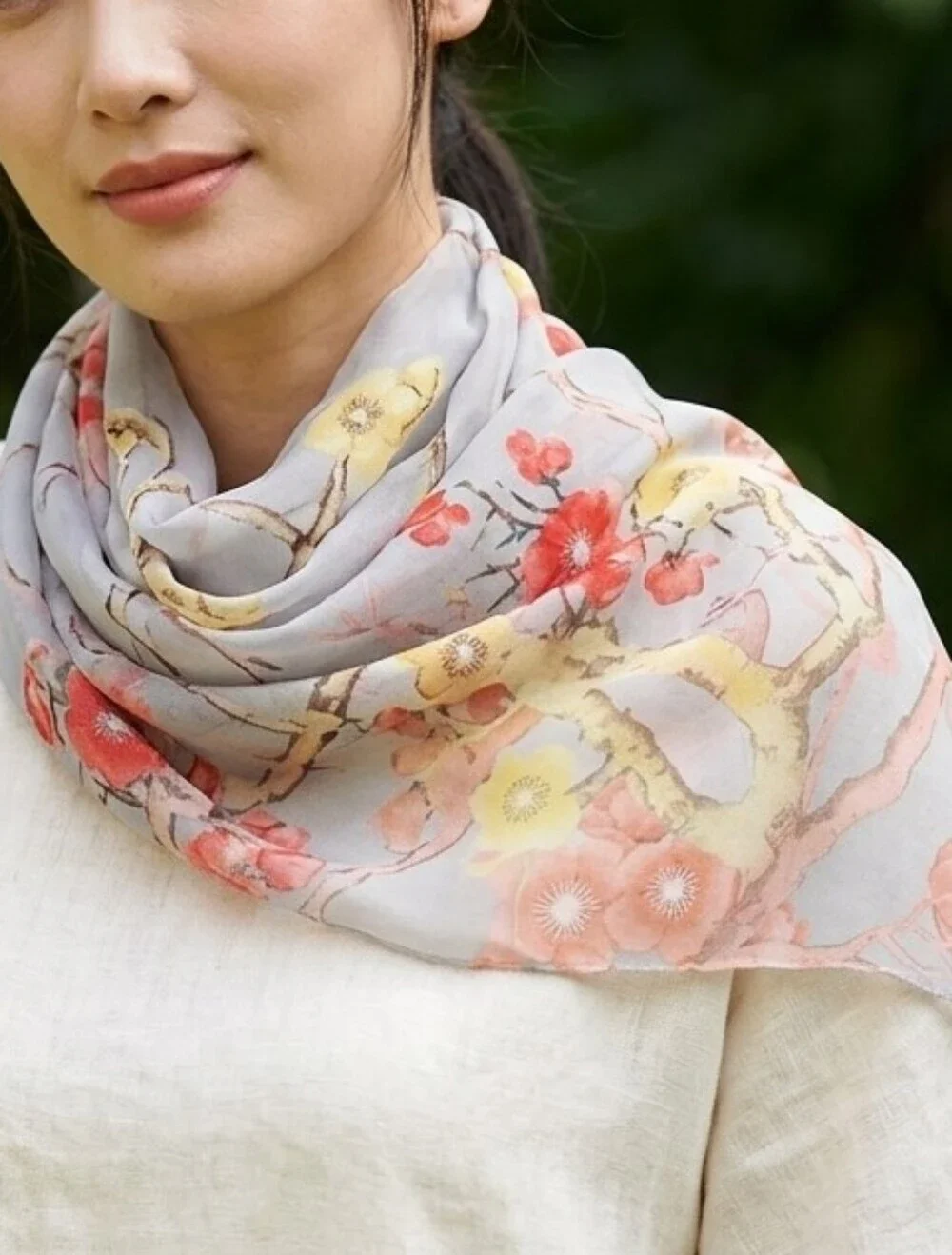 Pink Cherry Blossom Yellow Floral Lightweight Scarf Chiffon Shawl Wrap 63